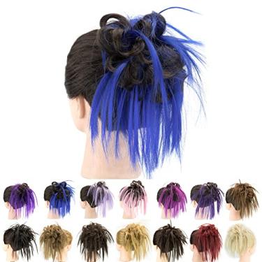 Imagem de IMISSU 2PCS Pedaço de cabelo bagunçado coque updo scrunchies falsos extensões de cabelo ondulado encaracolado faixa de cabeça rabo de cavalo chignon (2PCS Marrom Azul)