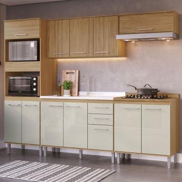 Imagem de Armário de Cozinha Elóra com Balcão para Pia e Cooktop 12 Portas 2 Gavetas Naturallle/Cristalo - Pnr Móveis