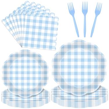 Imagem de Conjunto de 96 peças de talheres xadrez azul – Pratos descartáveis, guardanapos e garfos descartáveis para Páscoa, chás de bebê, piqueniques, aniversários e celebrações de fazenda