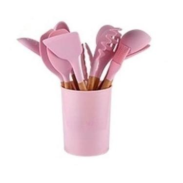 Imagem de Conjunto De Cozinha – Kit De 5/12 Peças De Utensílios De Silicone Antiaderente, Com Cabos De Madeira Resistentes Ao Calor E Ideal Para Panelas Antiaderentes(Kit 12 Rosa)