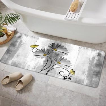 Imagem de VeiVian Tapete de banho rústico para casa de banho, tapete de banheiro de madeira cinza margarida floral flores borboleta país para banheiro, tapete de banho branco cinza macio antiderrapante, 40 x