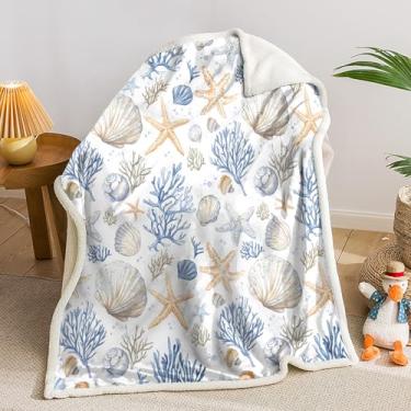 Imagem de AILONEN Cobertor de lã de ovelha costeira com estrela do mar, cobertor de lã de ovelha náutico, praia, oceano, manta de lã, decoração leve para sofá quarto, 128 x 78 cm