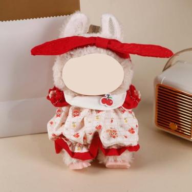 Imagem de Compatível com Labubu 15 cm/17 cm (sem boneca) - Vestido vermelho com estampa de cereja doce e urso com conjunto de faixa de cabeça, acessórios de roupa de boneca (vermelho)