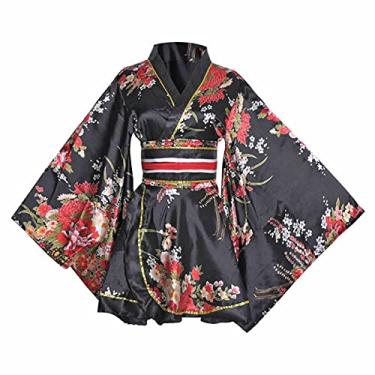 Imagem de Vestido feminino sexy curto quimono adulto com estampa de gueixa japonesa Yukata vestido chique com cinto Obi, 1 preto, Tamanho Único