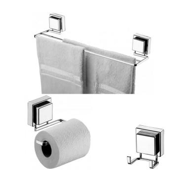 Imagem de Kit Lavabo Banheiro Cromado Ventosa 03 Peças Future Porta Toalha Duplo, Papeleira, Cabide