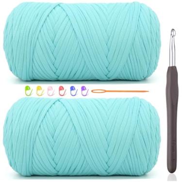 Imagem de 2 fios de camiseta de 400 g para crochê, azul aqua, tecido elástico grosso, fio de crochê para iniciantes, bolsa de tricô à mão, cesta/porta-copos / artesanato faça você mesmo/decoração de casa