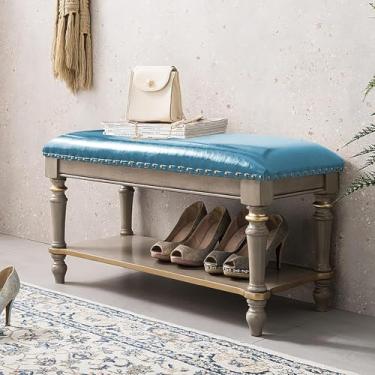 Imagem de Banqueta de couro PU com assento acolchoado, banco de armazenamento, banco estofado moderno para sala de estar, banco de sapatos de entrada, banco de armazenamento de sapatos vintage - azul 90 x 35 x