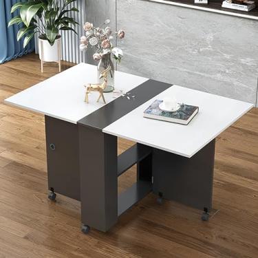 Imagem de Mesa de jantar dobrável, mesa de jantar dobrável, mesa de jantar dobrável com 6 rodas e prateleira de armazenamento de 2 camadas, mesa de folhas suspensas para espaços pequenos, cozinha, sala de estar