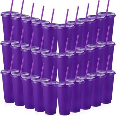 Imagem de Honeydak Pacote com 60 copos com canudo e tampa, garrafa de água a granel, café gelado, caneca de viagem, copos de plástico reutilizáveis para festas de aniversário, 680 a 765 g (cor roxa)