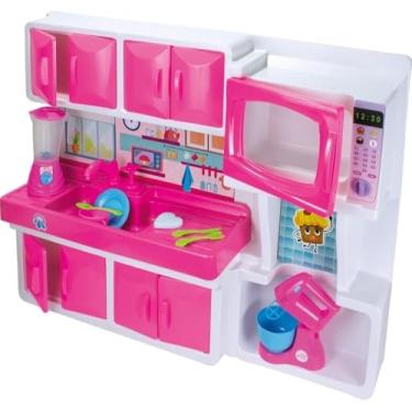 Imagem de Cozinha Infantil Rosa com Pia, Armário, Micro-ondas, Liquidificador e Utensílios, Brinquedo Educativo