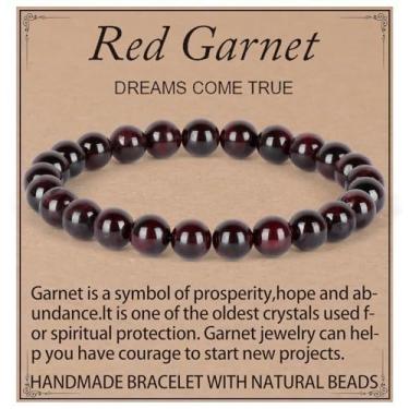 Imagem de Pulseira de granada para mulheres, cristais de cura da moda, contas de pedra granada vermelha, joia de cristal, pulseira de pedras preciosas naturais, acessórios de presente para ela, Medium, Latão