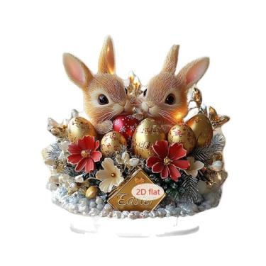 Imagem de 1 peça de enfeite de acrílico de coelhinho de ciclismo de Páscoa, desenho animado de coelho com ovos gradientes, design de impressão HD dupla face para decoração de mesa de escritório, decoração de