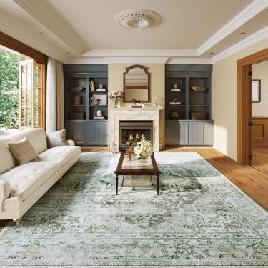 Imagem de Tapete vintage lavável 25,5 x 35,5 cm - Tapetes antiderrapantes desgastados macios grandes retrô para sala de estar, quarto, sala de jantar, escritório, decoração de casa, verde