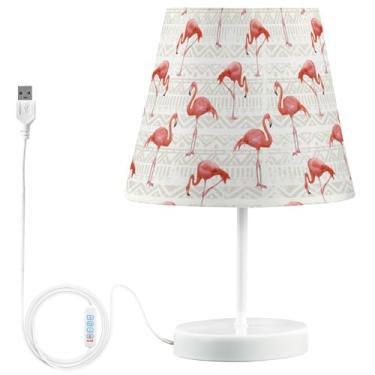 Imagem de Peystean Candeeiro de mesa LED regulável em 3 cores com padrão vintage flamingo com porta USB, sombra de linho de 30 cm, mesa de cabeceira, decoração de mesa de cabeceira, luz noturna para casa, sala