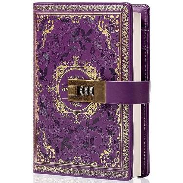 Imagem de Caderno de couro vintage com cadeado de combinação, diário secreto de flor em relevo B6 pautado papel pautado para escrever, presente para mulheres meninas e crianças (roxo)