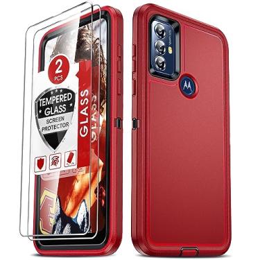 Imagem de LeYi Capa para celular Motorola Moto G Play 2023 com 2 peças de película protetora, capa de telefone resistente 3 em 1 para Moto G Play 2023, capa de telefone à prova de choque de grau militar para Motorola G Play 2023 (vermelho + preto)
