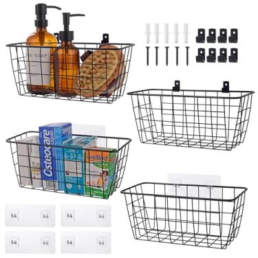 Imagem de Cesta de parede suspensa com arame, organizador de parede adesivo para despensa, cozinha, trailer, armário de banheiro, organização de armazenamento (preto, 4)