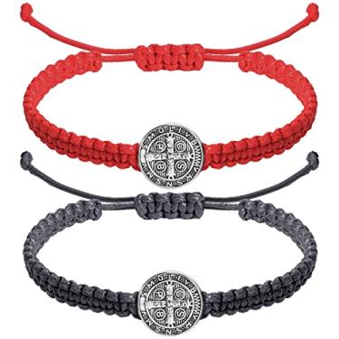 Imagem de Fumete 2 pulseiras católicas presentes de medalha de São Bento pulseiras de cordão ajustáveis presentes religiosos para homens mulheres aniversário feriado, 16.5 Cm, Alumínio, Ágata