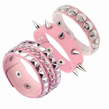 Imagem de Tosmifairy Conjunto de 3 pulseiras masculinas de couro sintético cravejadas punk-rock Y2K emo acessórios de pulseira larga para meninos ou meninas adolescentes, One Size, Couro sintético, Sem pedras