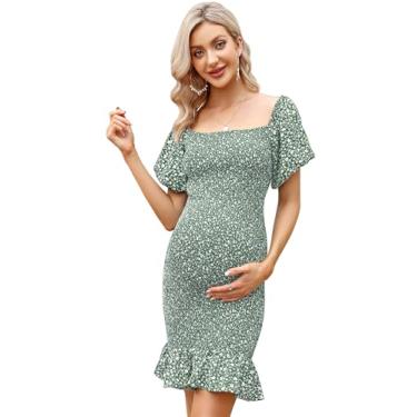 Imagem de FUNJULY Vestido feminino de maternidade com bainha de babados, sereia para chá de bebê, gola quadrada, manga bufante, ombro de fora, vestido de verão para gestantes, Verde claro, XXG