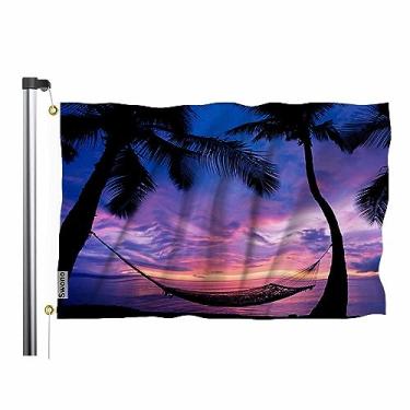 Imagem de Swono Bandeira de praia do pôr do sol 3x5 pés rede tropical palmeira lindo céu bandeira de verão dupla face costura com ilhós de latão