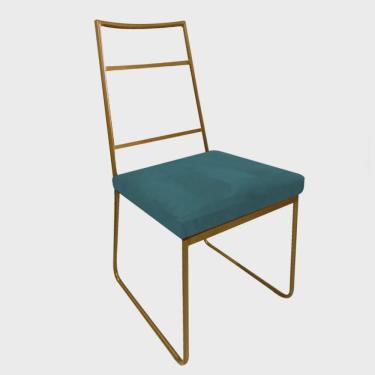 Imagem de Cadeira Sala de Jantar Escritório Office Stark Industrial Ferro Dourado Suede Azul Turquesa - Ahz Móveis