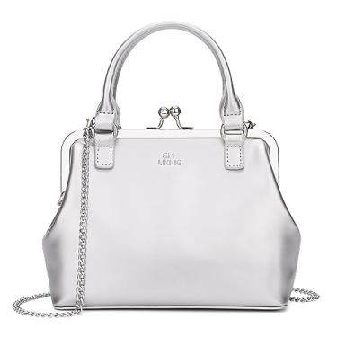 Imagem de GM LIKKIE Bolsas e bolsas Kiss Lock, bolsas de mão vintage de couro PU para mulheres, alça superior para noite, Prata, Medium