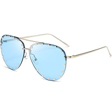 Imagem de Dollger Óculos de sol cravejados femininos modernos aviador armação de metal UV 400, A7: armação prateada/lente azul transparente, Suitable for all face shapes