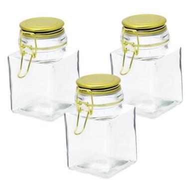 Imagem de Kit 3 Potes Vidro Hermético Quadrado Com Tampa Dourado 350Ml - Lyor