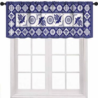 Imagem de Cortinas de cozinha mexicanas, sanefas, pássaros, retrô, floral, azul, branco, patchwork, talavera, azulejos de cerâmica, Dia De Los Muertos, quarto, sala de estar, banheiro, janela, 1 peça, 137 x 45
