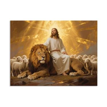 Imagem de SDYJ6GSW Arte de parede de leão cristão leão de Judá tela de cordeiro decoração de parede quadros religiosos pintura arte para igreja sala de estar quarto 90 x 70 cm (36 x 28 pol) sem moldura