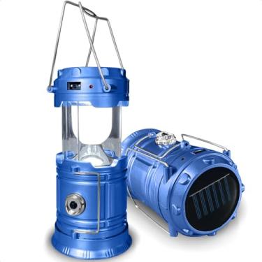 Imagem de Lampião Retrô de Camping Lanterna LED 2 em 1 Recarregável com Luz Solar Luminária Portátil de Multiuso para Acampamento Pesca Trilhas com Carregador USB de Design Premium (Azul)