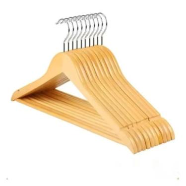 Imagem de Kit 6 Cabide De Madeira Adulto 45cm Marfim Envernizados Com Barra Deslizante - Ideal Para Roupas, Calça, Camisas, Terno, Saia, blazer