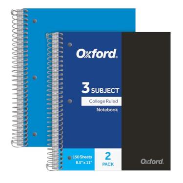 Imagem de Oxford Caderno espiral com 3 matérias, cadernos para escola, capas de plástico, material de volta às aulas, pautado para faculdade, 150 folhas, pacote com 2, preto e azul (1009293)
