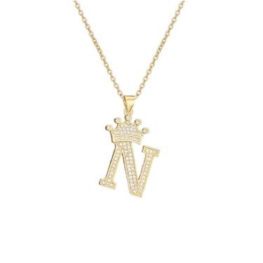 Imagem de Colar A com inicial, corrente J de ouro, pingente de letra A-Z, banhado a ouro 14 K, para homens, meninas, amigas, presentes para mulheres, Banhado a ouro, Zircônia cúbica