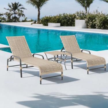 Imagem de Kit 2 Espreguiçadeiras Corda Náutica e Mesa Garden em Alumínio para Piscina Edícula Catar Bege