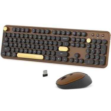 Imagem de Combos coloridos de teclado de computador sem fio e mouse, teclas redondas UBOTIE policromadas, retrô, para PC, conexão de radiofrequência de 2,4 GHz, com mouse óptico (preto marrom)