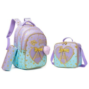 Imagem de Conjunto de Mochila Infantil 3 Peças, Corações e Laço, Mochila Escolar com Bolsa Térmica e Estojo (Azul roxo)
