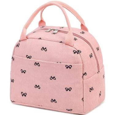 Imagem de LEDAOU Lancheira feminina isolada, lancheira de veludo cotelê, à prova de vazamento, lancheira térmica para viagens, trabalho, piquenique (laço rosa de veludo cotelê)