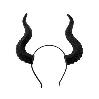Imagem de mdgfge Tiara de chifres de diabo negro, gótica, grande, dragão escuro, acessório para cabeça de chifre, argola de cabelo para mulheres e homens, cosplay, cosplay, festa de máscaras, suprimentos para a