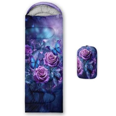 Imagem de QOOMO Sacos de dormir para acampamento com estampa de borboleta de flor roxa, 3 estações, clima quente e frio, leve, sacos de dormir à prova d'água para adultos e crianças, viagens e ao ar livre