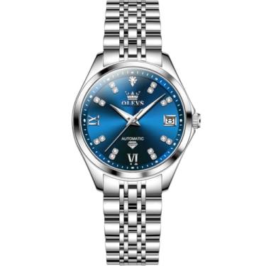 Imagem de OLEVS Relógio de pulso masculino automático, automático, céu estrelado, diamante, esqueleto, luxuoso, à prova d'água, luminoso, Pulseira preta e mostrador azul, Presente de luxo, negócios, casual