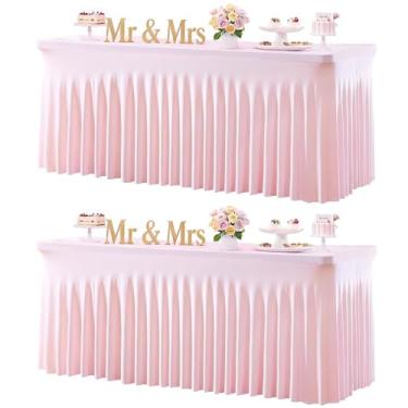 Imagem de Toalha de mesa rosa bebê para mesas retangulares de 1,8 m, capa de mesa elástica de elastano com saia para chá de bebê, festa de aniversário, banquete, babados, toalha de mesa de casamento, saia de
