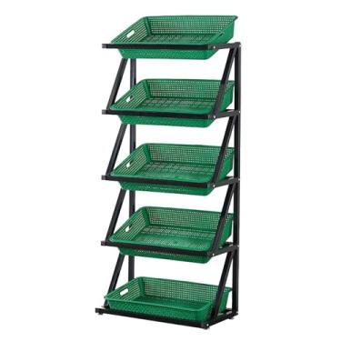 Imagem de Suporte de armazenamento de produtos com cesta de imitação de vime, rack de exibição de supermercado verde para frutas vegetais, cebola, batata, lanche, economia de espaço (tamanho: 5 prateleiras - 65