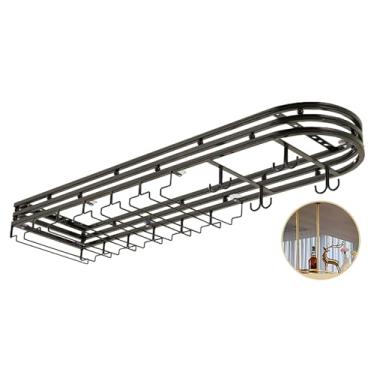 Imagem de Rack de vinho suspenso de metal preto - Prateleiras flutuantes de armazenamento de teto de ferro para taças e copos de vinho - Suporte elegante para exibição de bar e cozinha em casa.