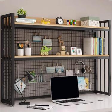 Imagem de Organizador de estante de mesa camada dupla com moldura de aço de painel de grade e material de placa de madeira, suporte de carga estável para escritório, decoração de casa, cozinha (cor: preto +