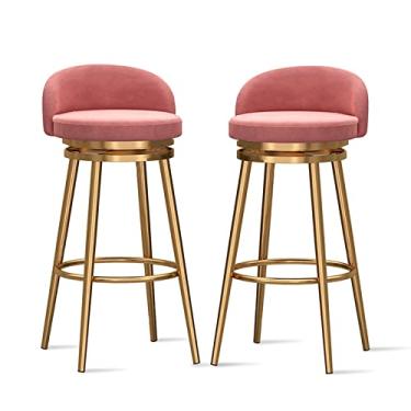 Imagem de Banquetas de balcão Conjunto de 2 - Bancos de bar estofados de veludo com perna de metal dourado, cadeiras de bar de ilha de cozinha modernas cadeiras de jantar com encosto baixo, 64 cm A, rosa