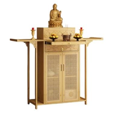 Imagem de Mesa de altar de bambu com armazenamento – Armário de oferta budista vintage de 140 cm, nicho de buda chinês com porta de vime para meditação e decoração de casa