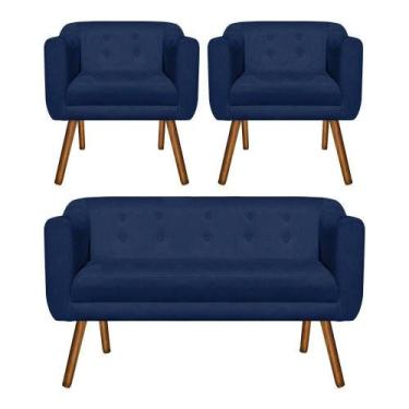 Imagem de Kit Sofá 2 Lugares e 02 Poltronas Julia Suede Azul Marinho - D'ROSSI