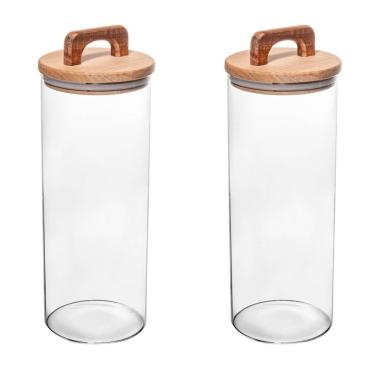 Imagem de Conjunto 02 Potes De Vidro Com Tampa Hermética De Acácia 1,7l Wolff